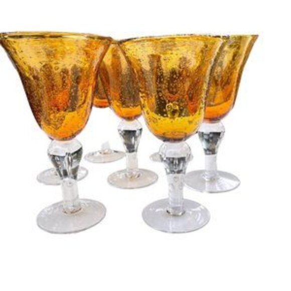 Amber Water Wine Globet Crackle Glass  8 Ounces Set of Seven - Picture 2 of 6